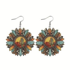 New - Southwest Sunflower Shaped Wooden Earrings
